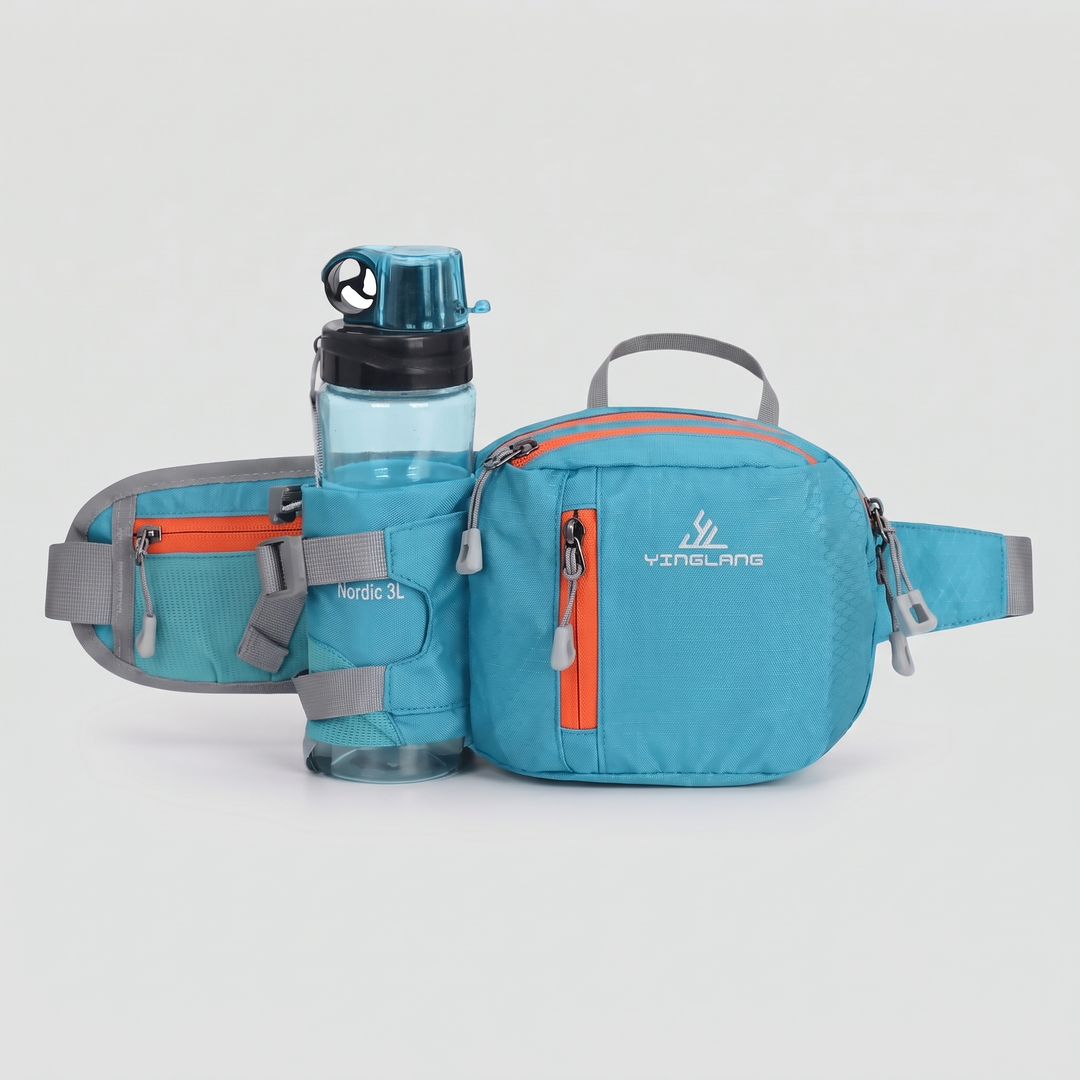 Light blue waist pack with water bottle holder, front view (water bottle not included)