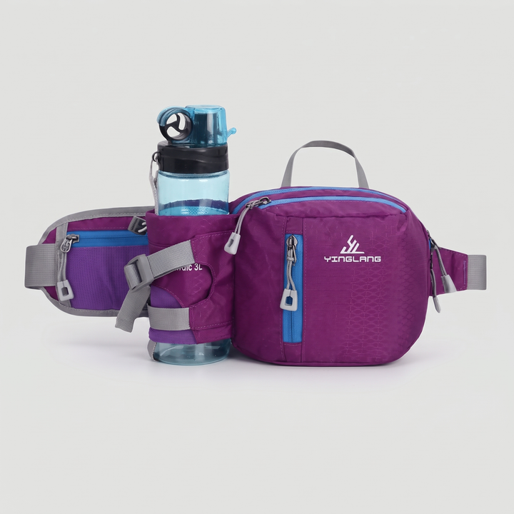 Purple waist pack with water bottle holder, front view (water bottle not included)