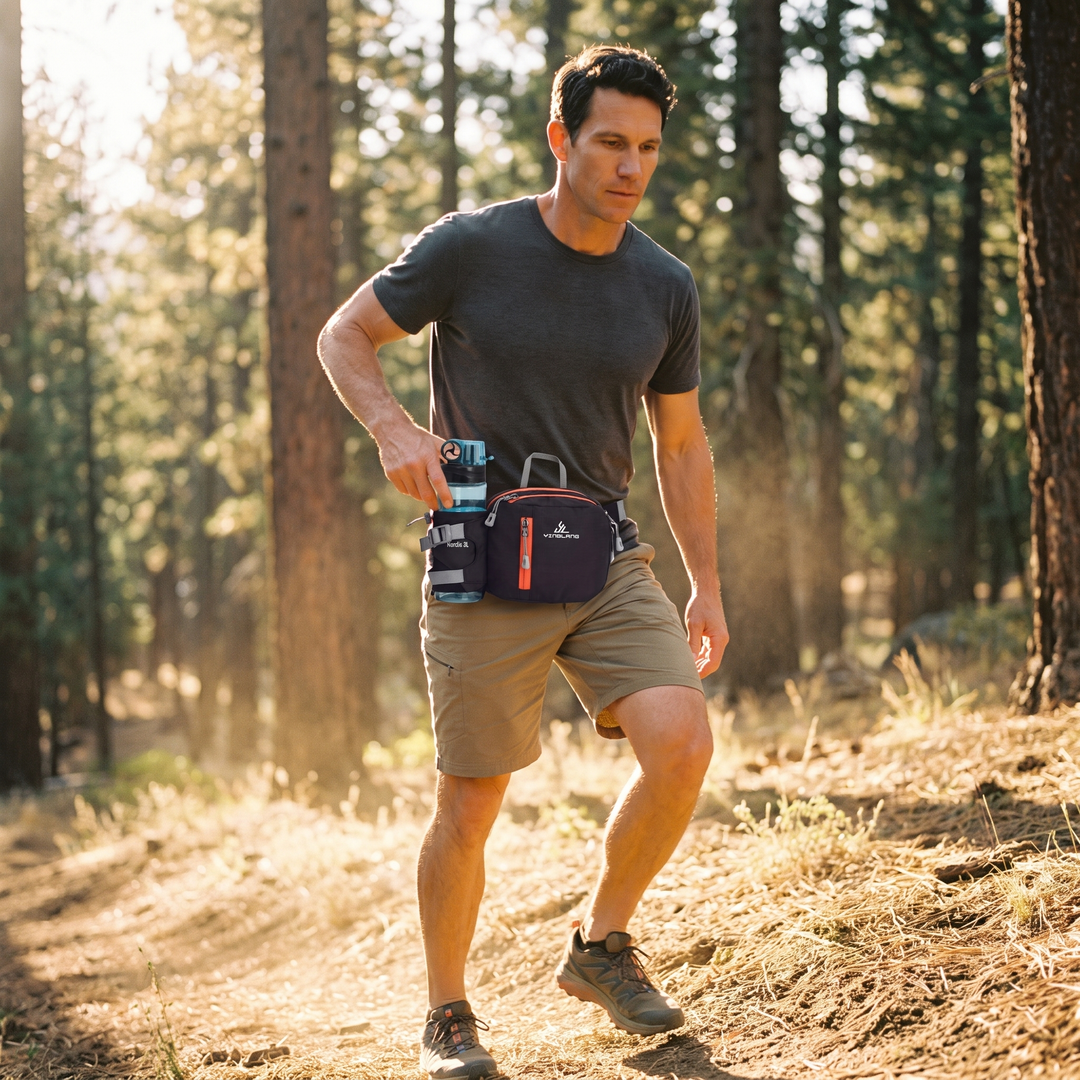 Hiker reaching for the bottle in his waist pack on a forest trail (water bottle not included)