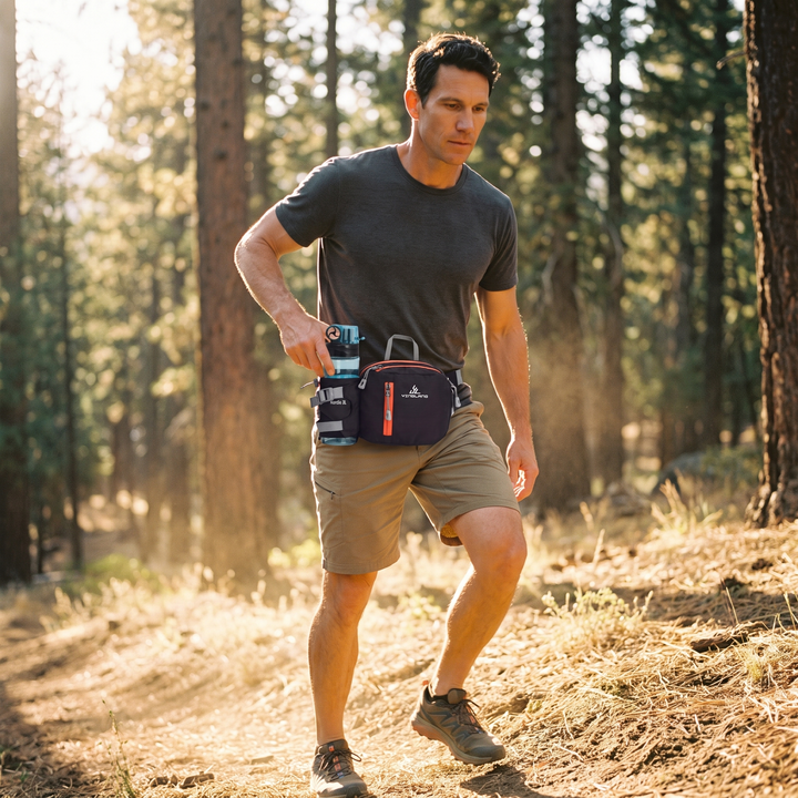 Hiker reaching for the bottle in his waist pack on a forest trail (water bottle not included)