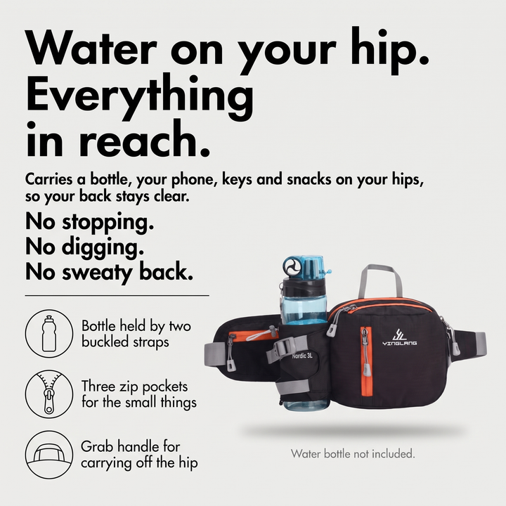 Waist pack infographic: bottle held by two buckled straps, three zip pockets, grab handle (water bottle not included)