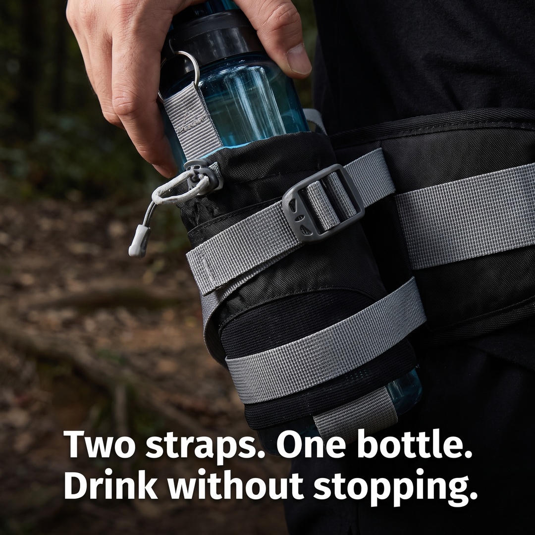 Close-up of the two buckled straps holding the bottle in the waist pack sleeve (water bottle not included)