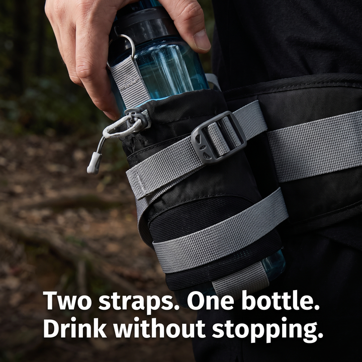 Close-up of the two buckled straps holding the bottle in the waist pack sleeve (water bottle not included)