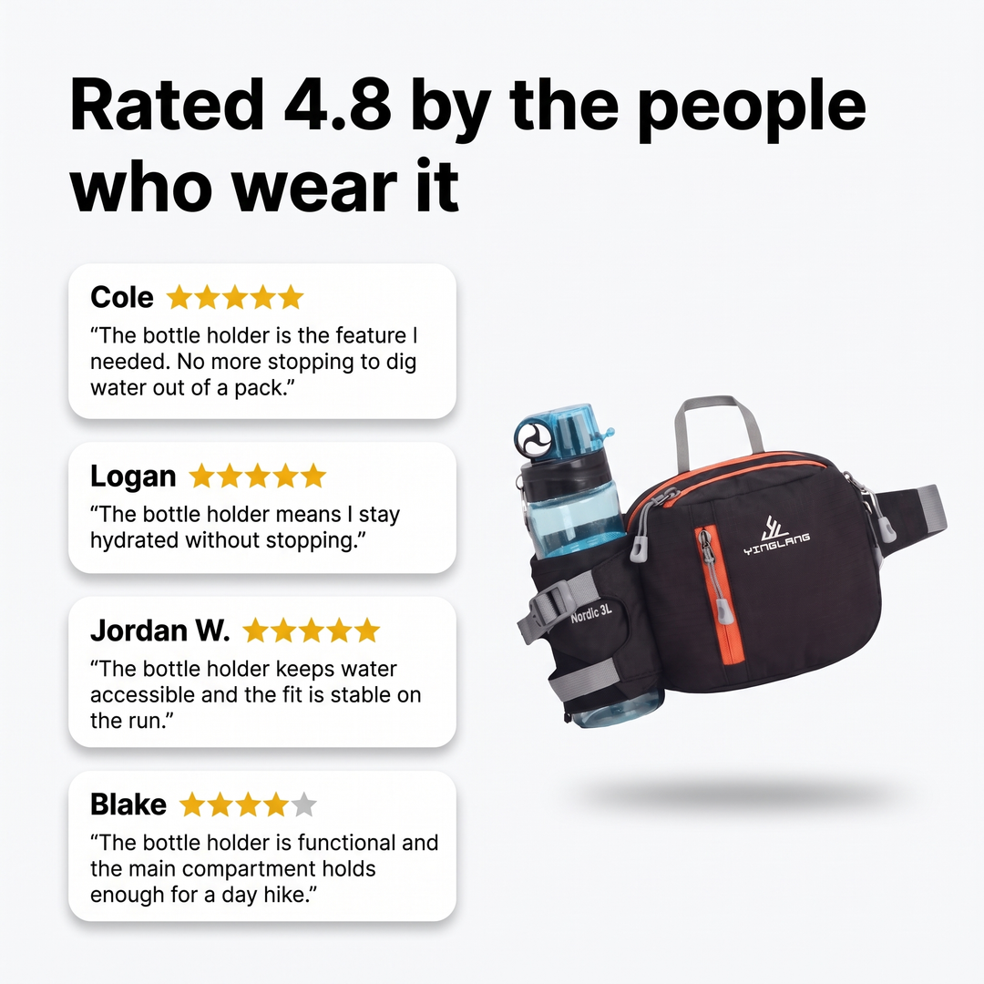 Customer reviews of the Activearo waist pack with bottle holder, rated 4.8 (water bottle not included)
