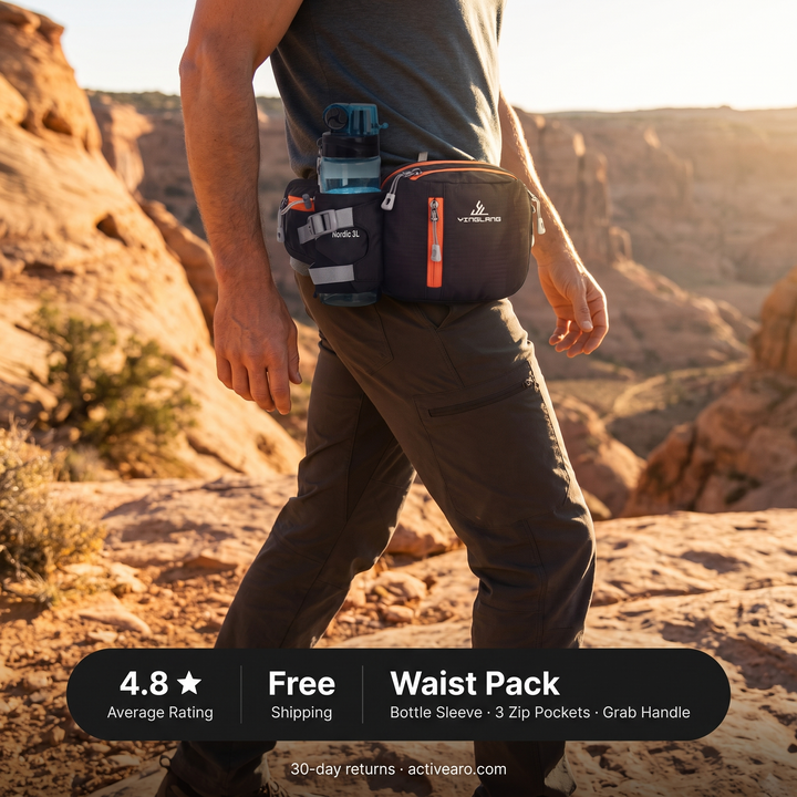 Hiker wearing the waist pack on a canyon trail with rating and feature summary (water bottle not included)