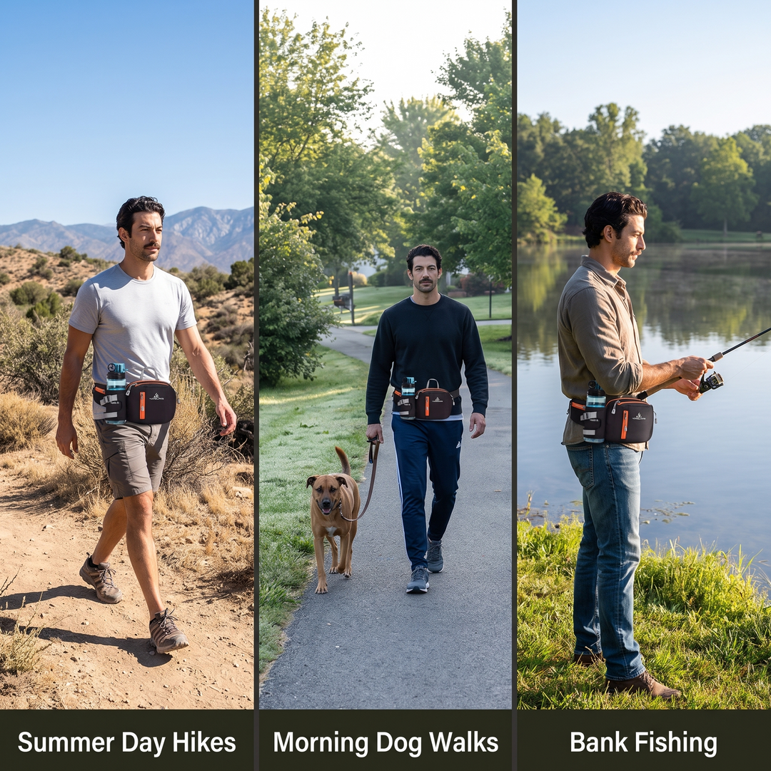 Waist pack worn on a day hike, on a dog walk and while bank fishing (water bottle not included)