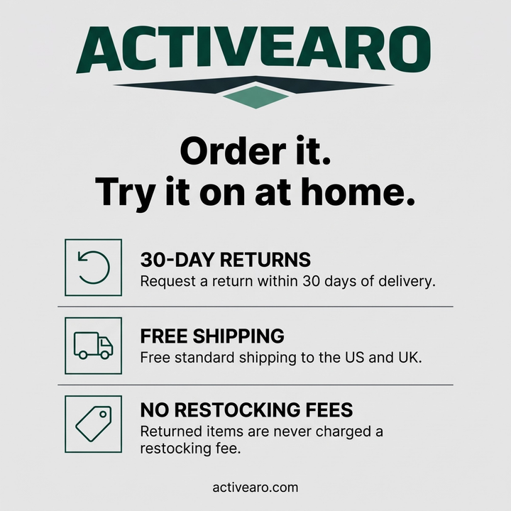 Activearo 30-day returns, free US shipping and tracked delivery