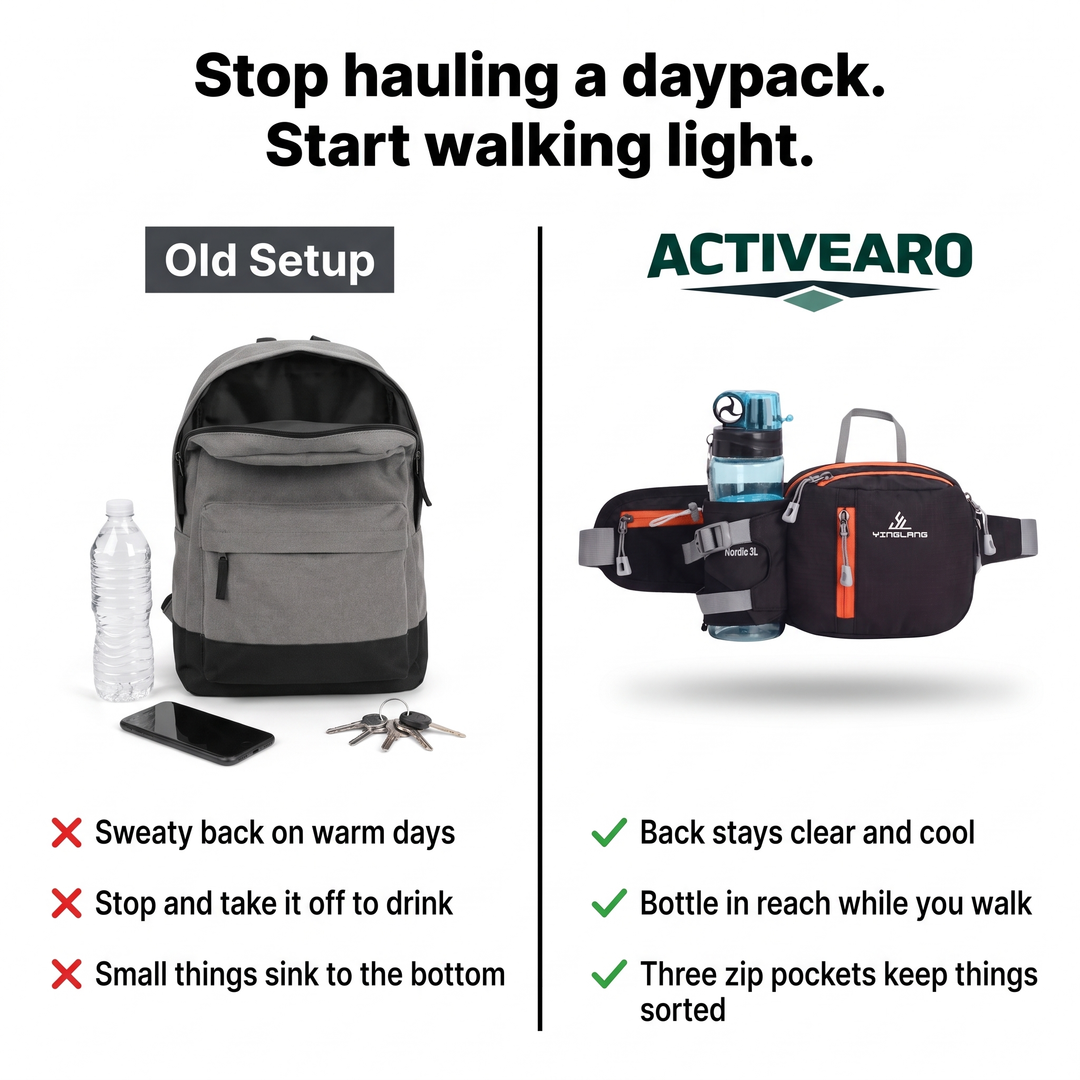 Daypack compared with the Activearo waist pack with bottle holder (water bottle not included)