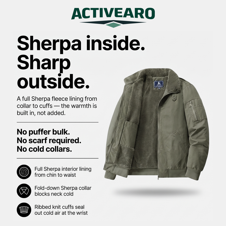 Sherpa bomber jacket features: full Sherpa lining, fold-down collar, ribbed knit cuffs