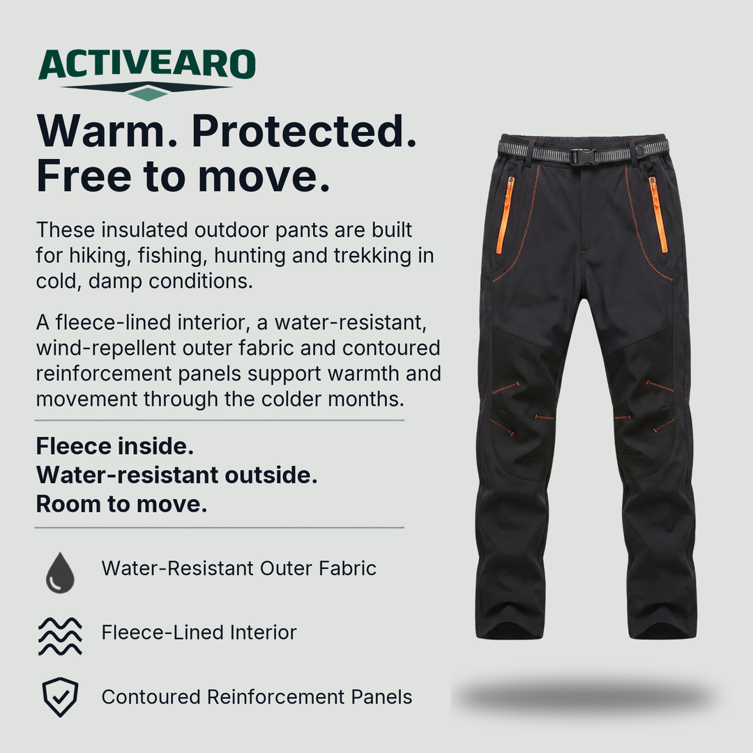 Insulated outdoor pants features: fleece-lined interior, water-resistant outer fabric, contoured reinforcement panels