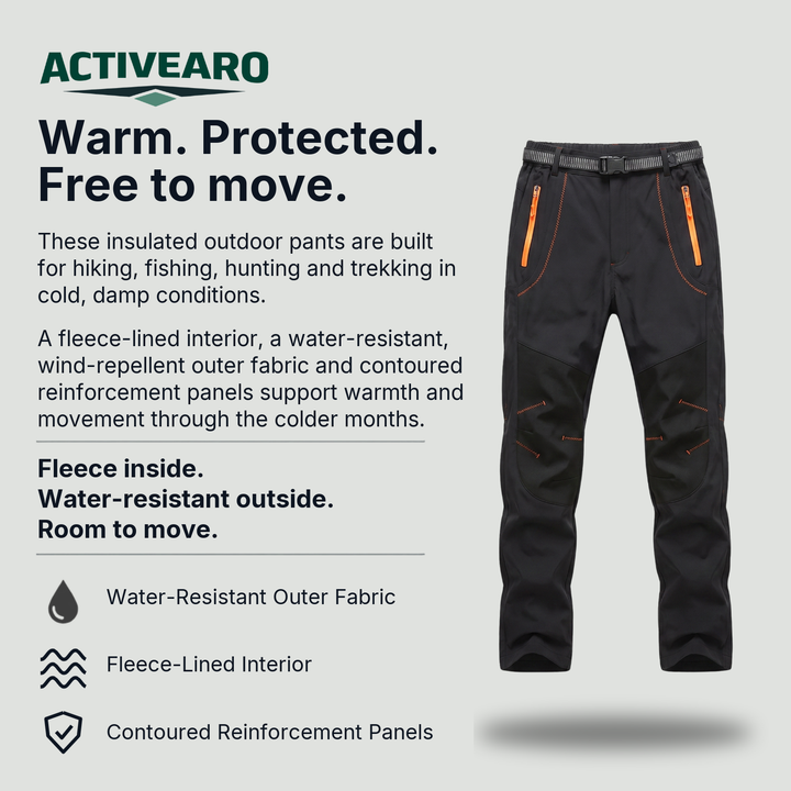Insulated outdoor pants features: fleece-lined interior, water-resistant outer fabric, contoured reinforcement panels