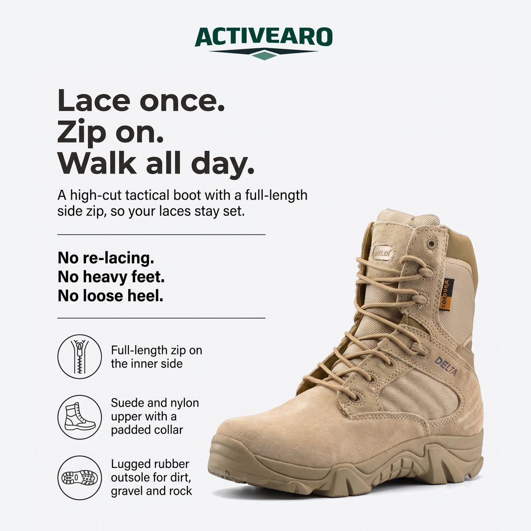Tactical hiking boot features - side zip, suede and nylon upper, lugged outsole