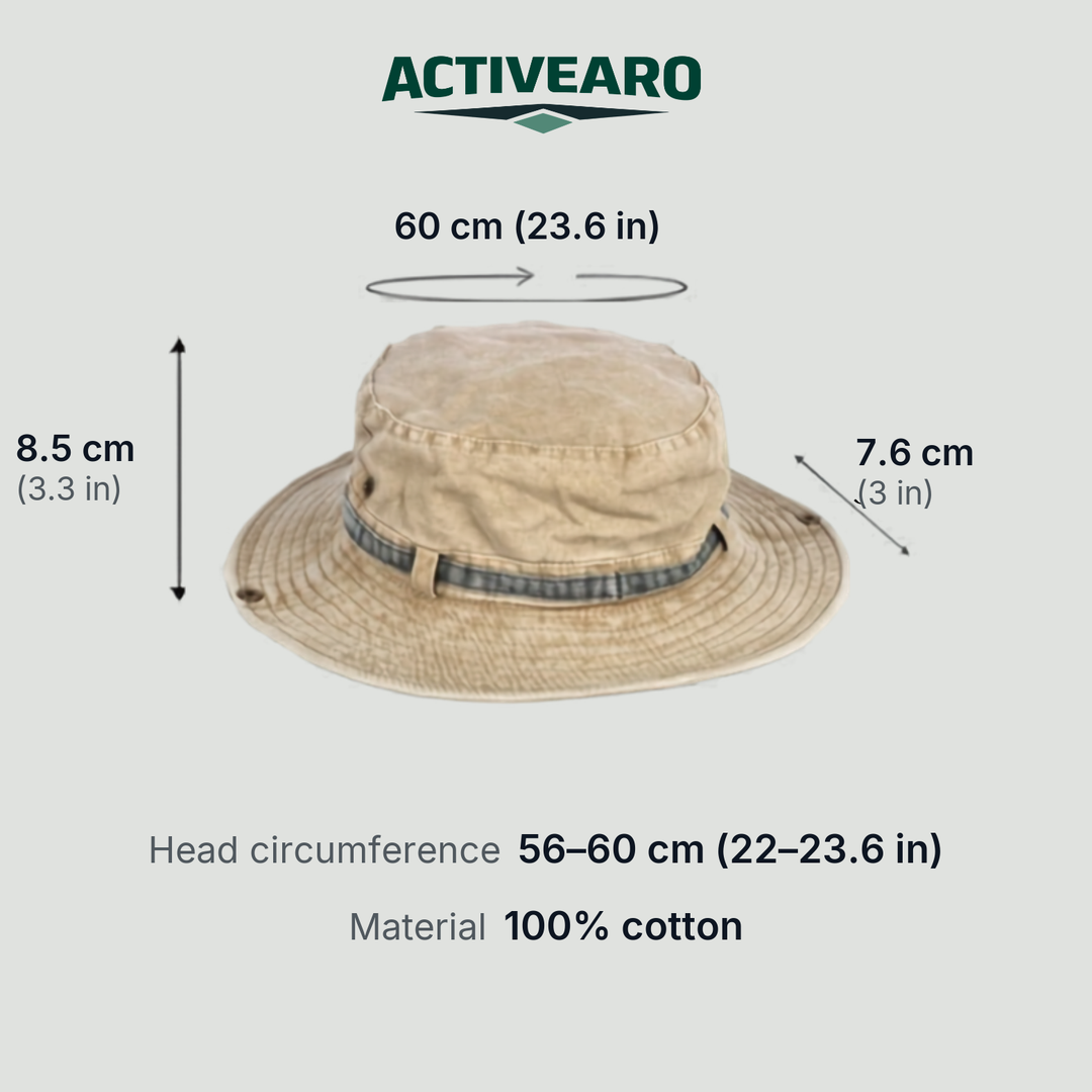 Boonie hat size: head circumference 56-60 cm (22-23.6 in), crown height 8.5 cm (3.3 in), brim 7.6 cm (3 in), 100% cotton