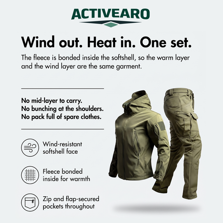 Activearo softshell set infographic: wind-resistant face, bonded fleece, secured pockets