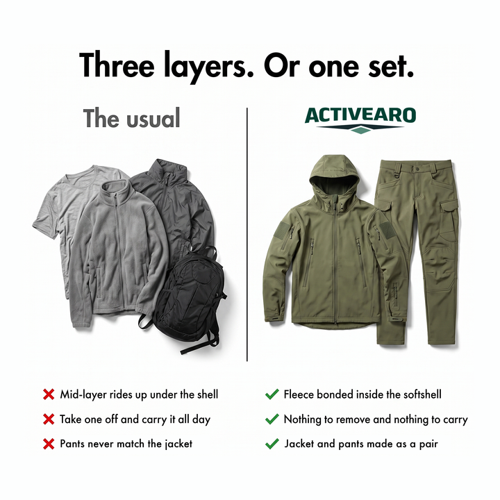 Comparison: three separate layers versus the Activearo fleece-lined softshell jacket and pants set