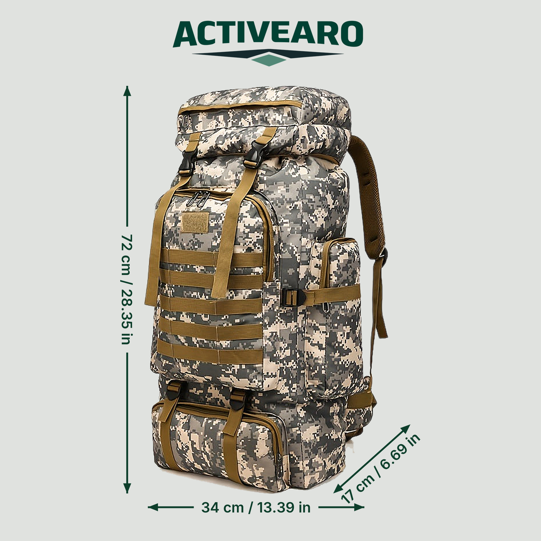 Digital camo backpack with dimensions: 72 cm / 28.35 in tall, 34 cm / 13.39 in wide, 17 cm / 6.69 in deep