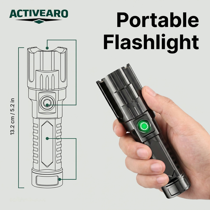 Activearo zoom flashlight line drawing with 13.2 cm / 5.2 in length, shown held in hand