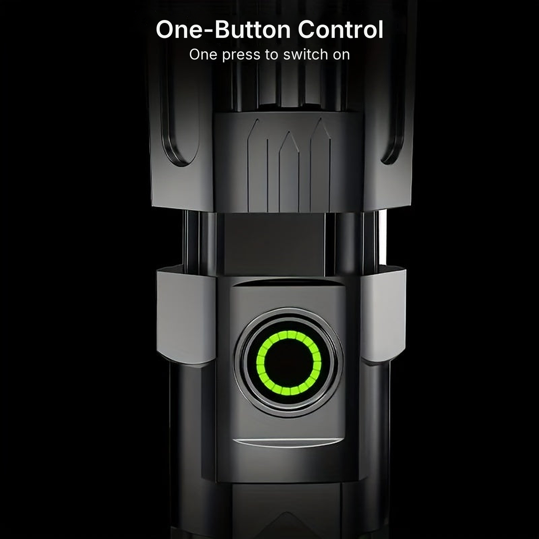 Close-up of the flashlight's single power button with green ring