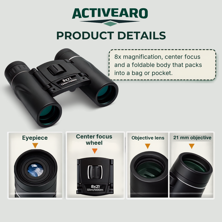 Compact 8x21 binoculars details: eyepiece, center focus wheel, objective lens, 21 mm objective, 8x magnification, foldable body