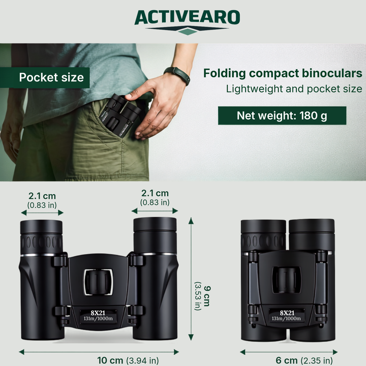 Pocket-size folding binoculars, net weight 180 g, 10 x 9 x 6 cm (3.94 x 3.53 x 2.35 in)