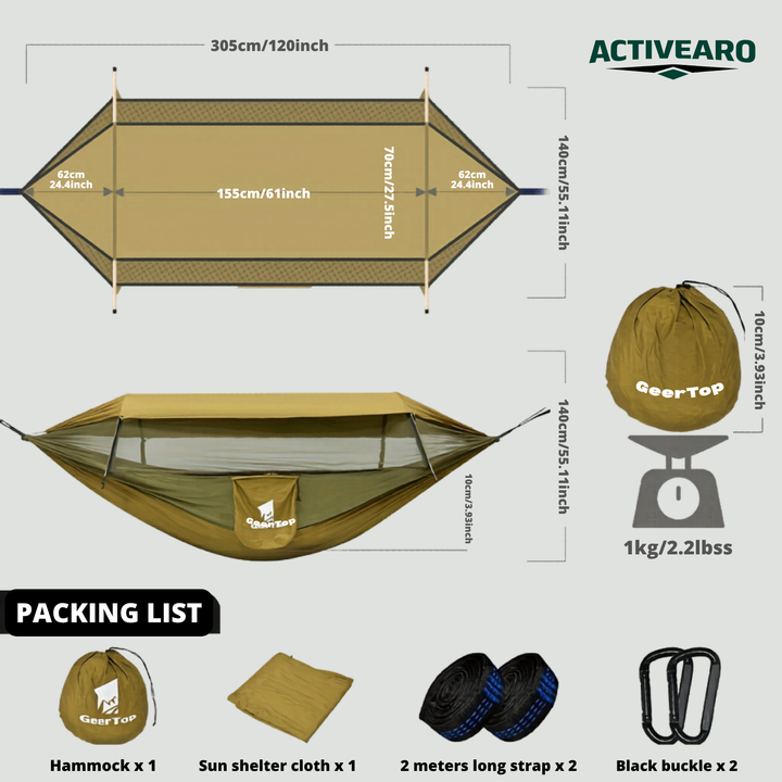 3in1 Camping Hammock with Mosquito Net and Sun Shelter, 440lb Nylon Double Hammock