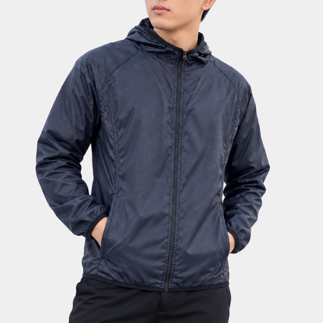 Men's packable jacket in Dark Blue, worn, front view