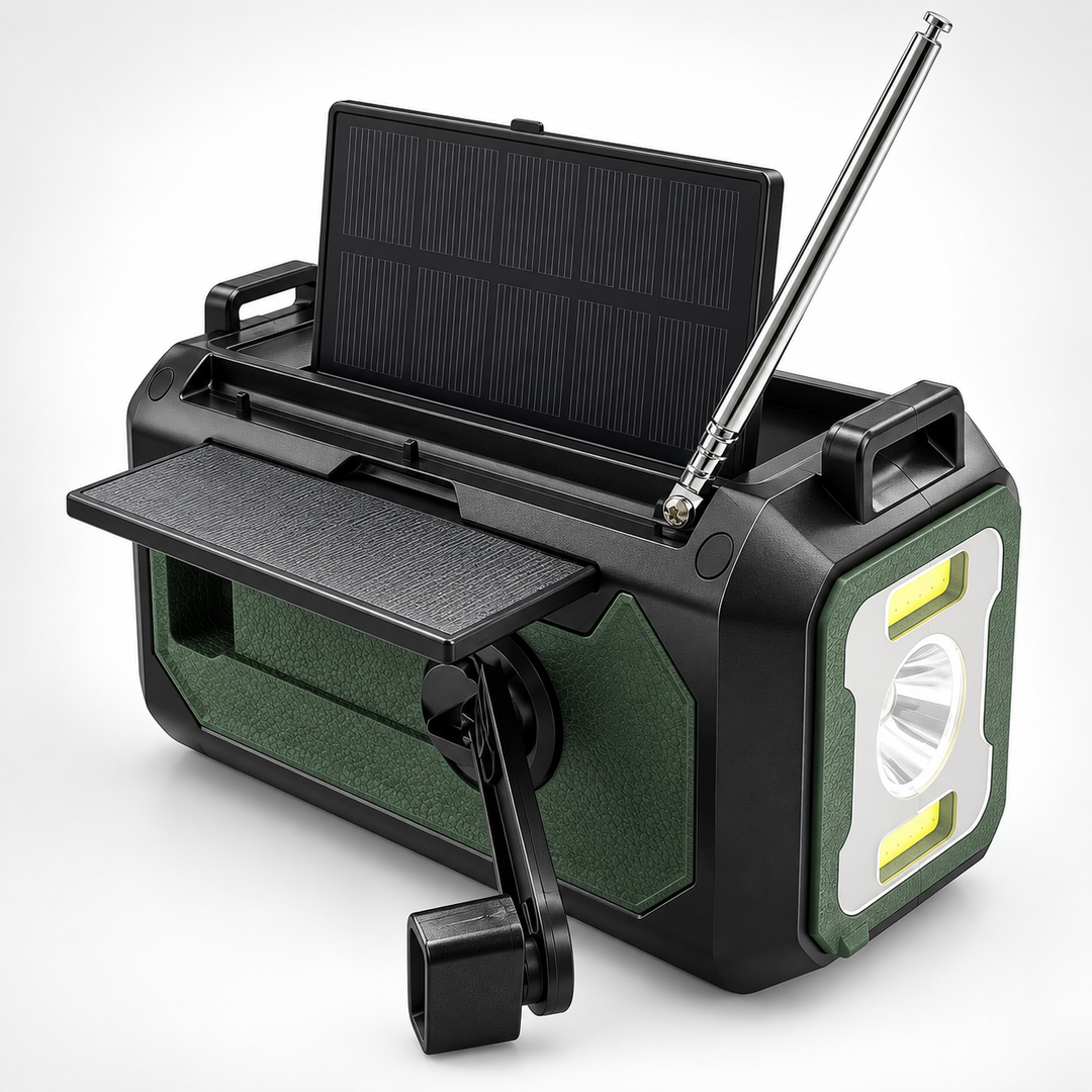 Weather radio with the solar panel folded out and the antenna raised