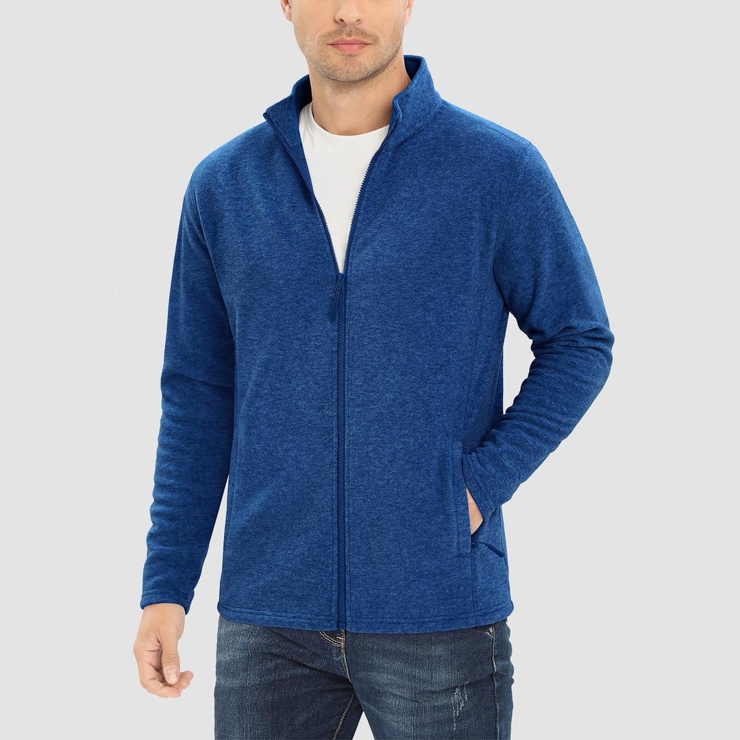 Men's full zip fleece jacket in Medium Blue, worn, front view