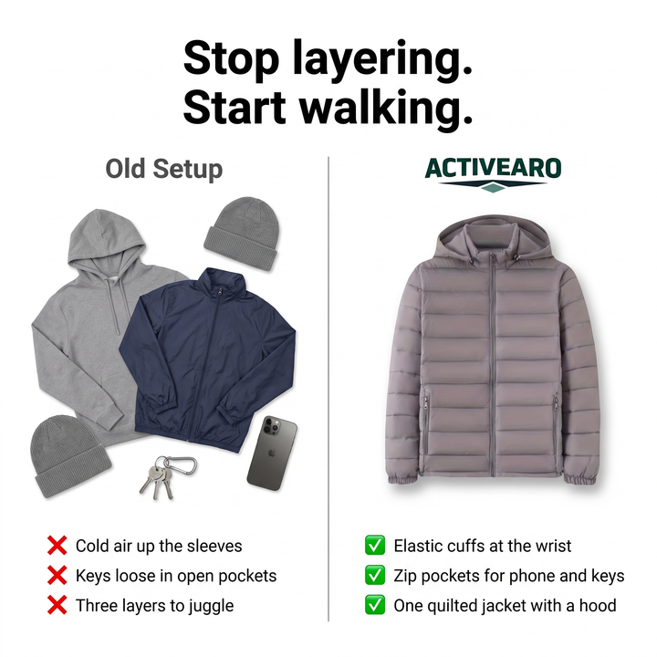 One quilted hooded jacket instead of three layers