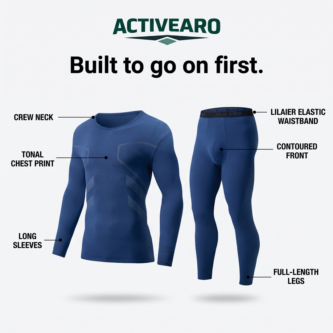 Thermal set anatomy crew neck long sleeves chest print waistband contoured front full-length legs