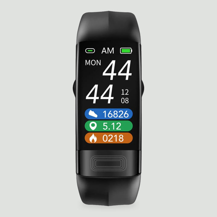 Fitness tracker watch in Black with time, steps and distance on the screen