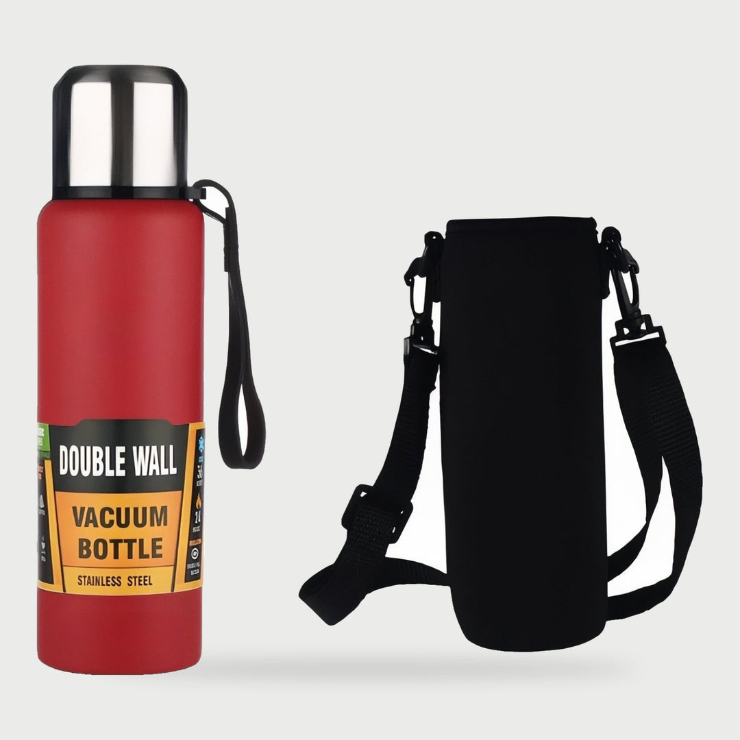 Red stainless steel thermos with carry bag and shoulder strap
