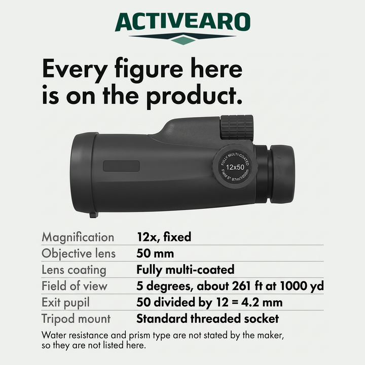 12x50 monocular specification panel