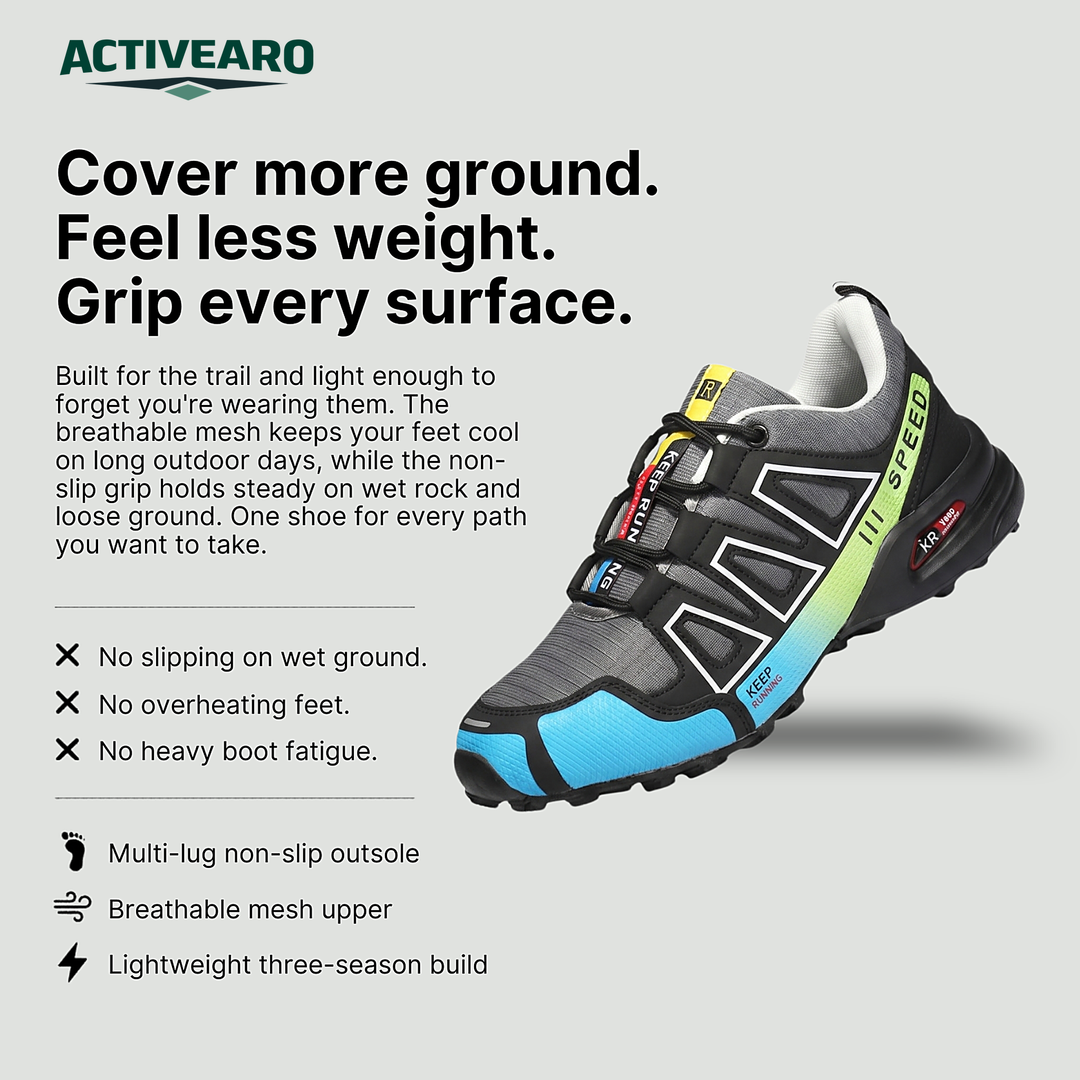 Activearo hiking shoe infographic: multi-lug outsole, breathable mesh, lightweight build