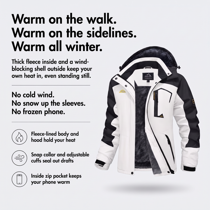 Women's winter coat infographic: warm on the walk, warm on the sidelines, warm all winter