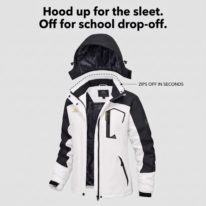 The detachable hood of the women's winter coat lifted off the collar