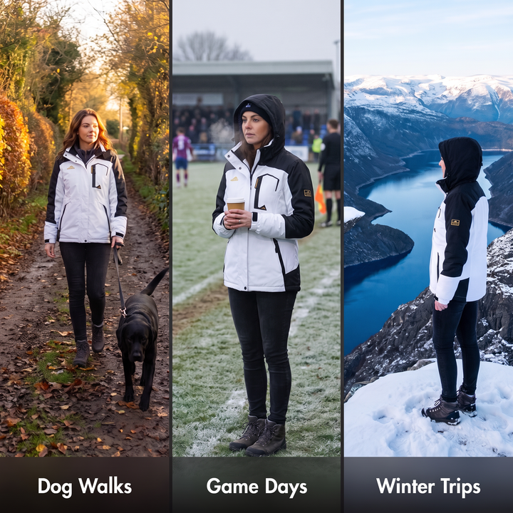 The women's winter coat on a dog walk, a game day and a winter trip