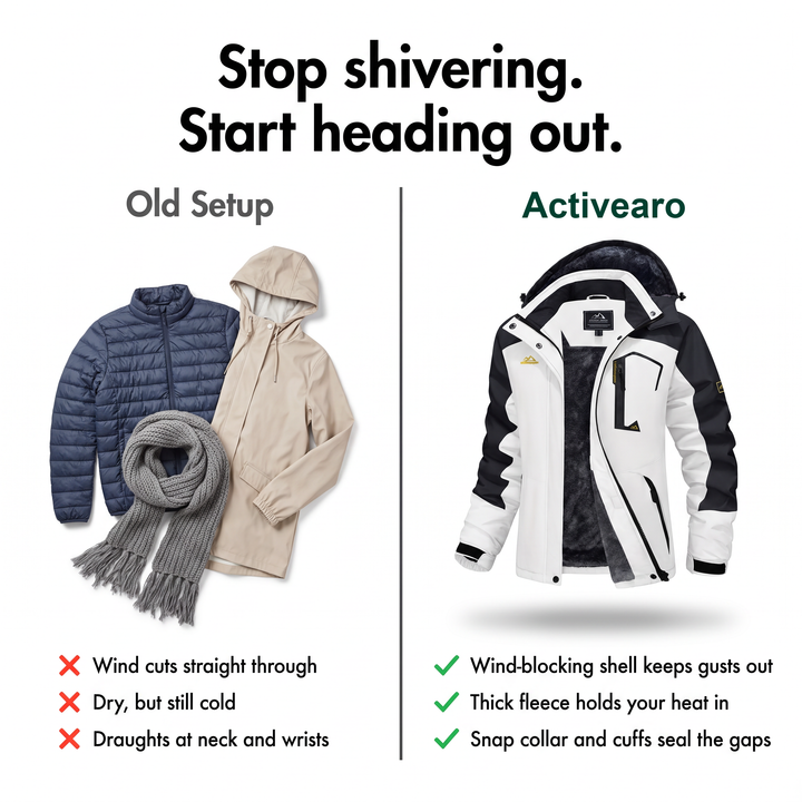 Comparison of a puffer, rain mac and scarf with the fleece-lined women's winter coat