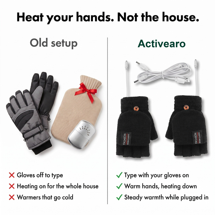 Thick gloves, a hot water bottle and a hand warmer compared with the Activearo heated gloves