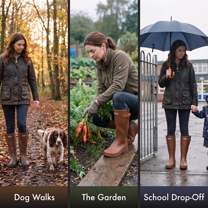 The women's wellies on a dog walk, at the garden and on the school drop-off