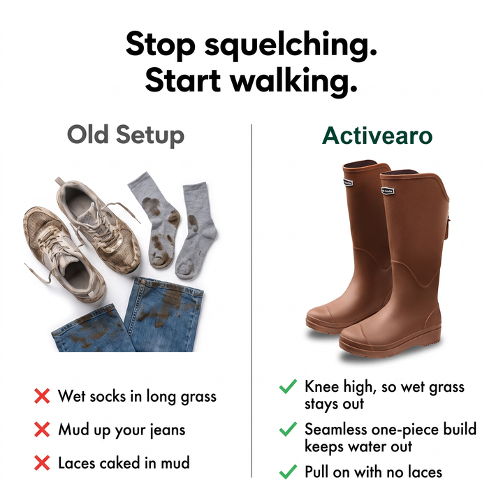 Comparison of muddy trainers and wet socks with the women's knee high wellies