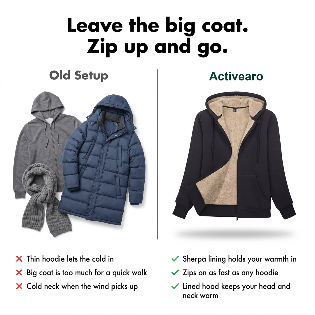 Comparison of a thin hoodie and a big padded coat with the sherpa lined zip up hoodie