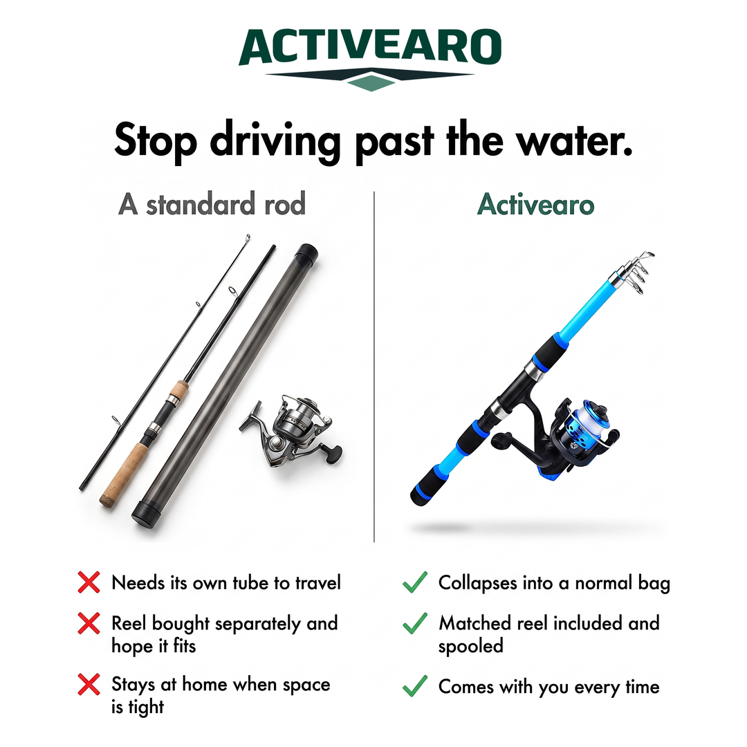 A standard rod and tube compared with the Activearo telescopic rod and reel combo