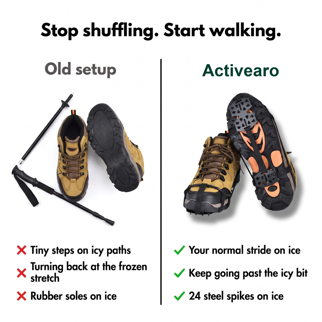 Walking boots on ice with and without microspikes compared