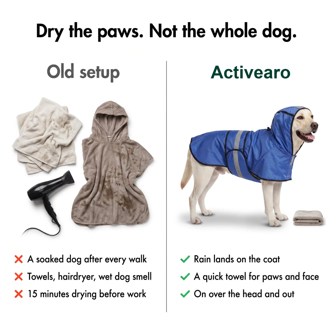 Comparison of towels and a hairdryer with the hooded dog raincoat