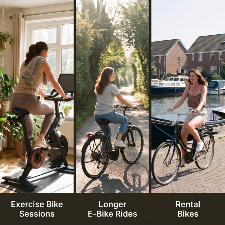 Three uses for the seat cover: exercise bike sessions, longer e-bike rides, rental bikes