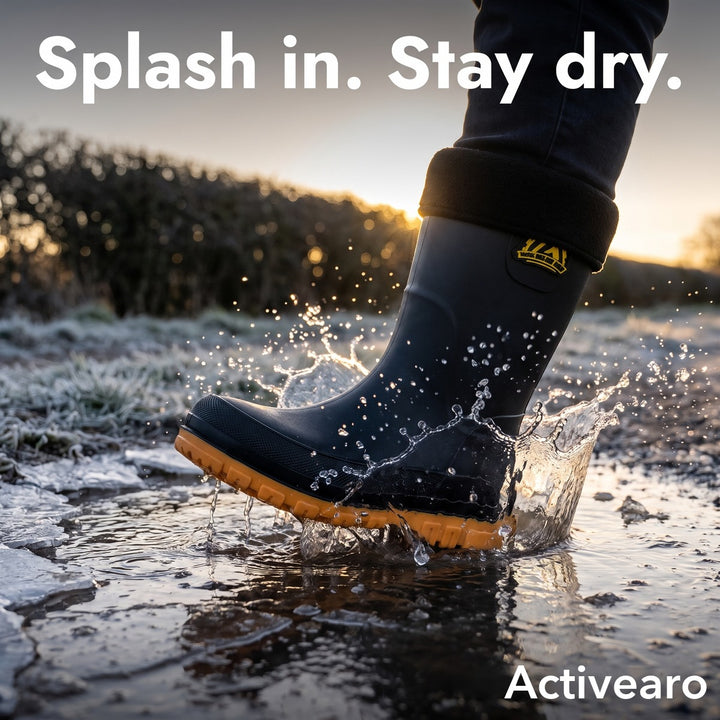 Fleece lined welly splashing into an icy puddle