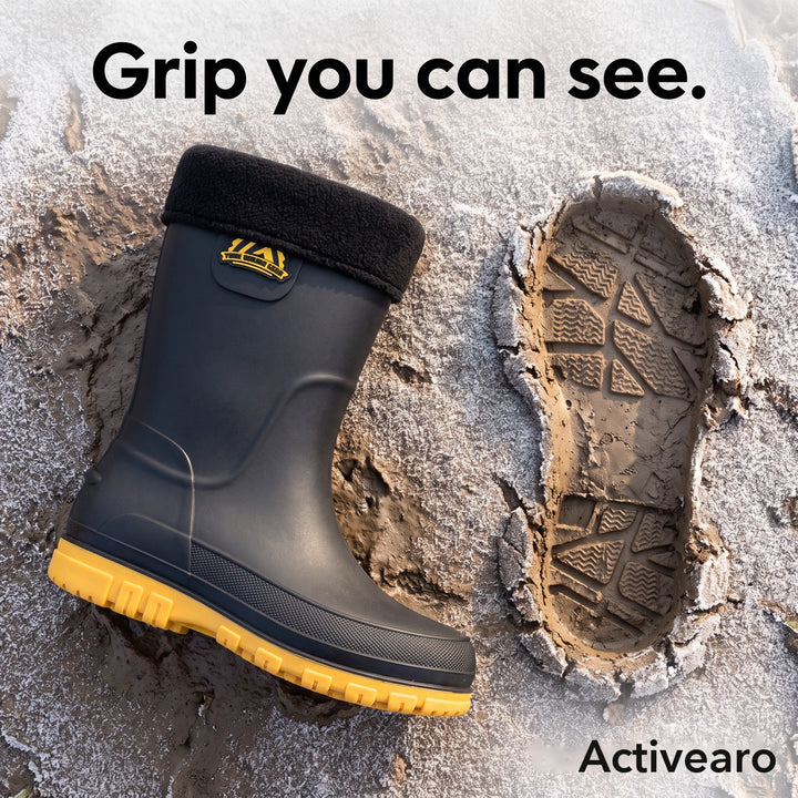 Fleece lined welly beside its footprint in frosty mud