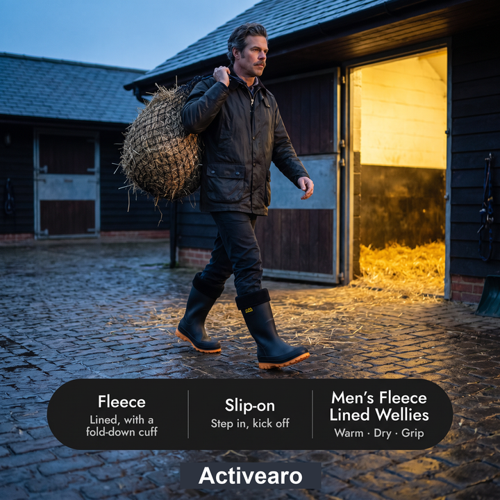 Man crossing a stable yard at dusk with a hay net, wearing fleece lined wellies