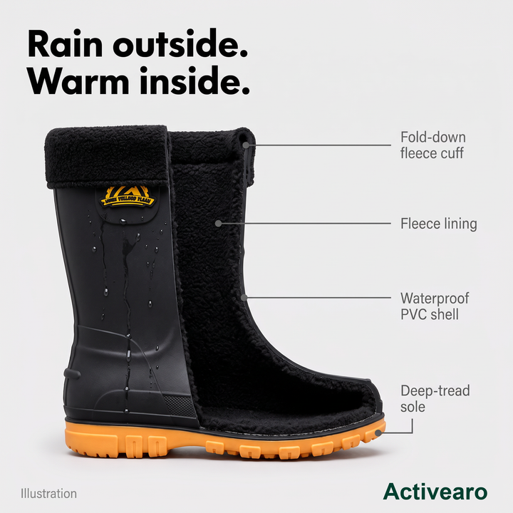 Cutaway illustration of a fleece lined welly showing the PVC shell, fleece lining, cuff and sole